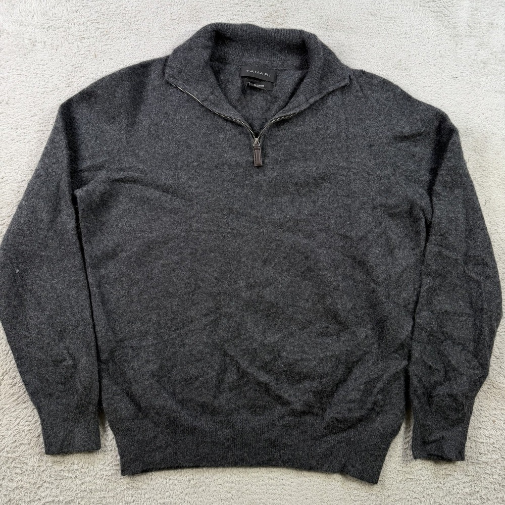 Tahari Sweater Mens Large Grey 100% Cashmere 1/4 Zip Pullover Soft Lightweight